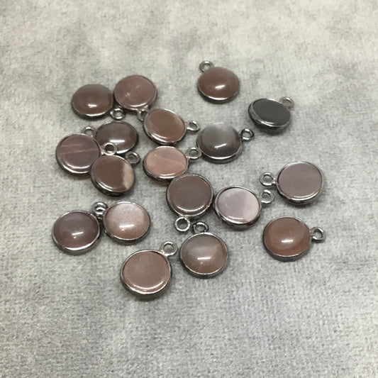 Gunmetal Plated Natural Chocolate Moonstone Smooth Round/Coin Shaped Copper Bezel Pendant - Measures 8mm x 8mm - Sold Individually, Random