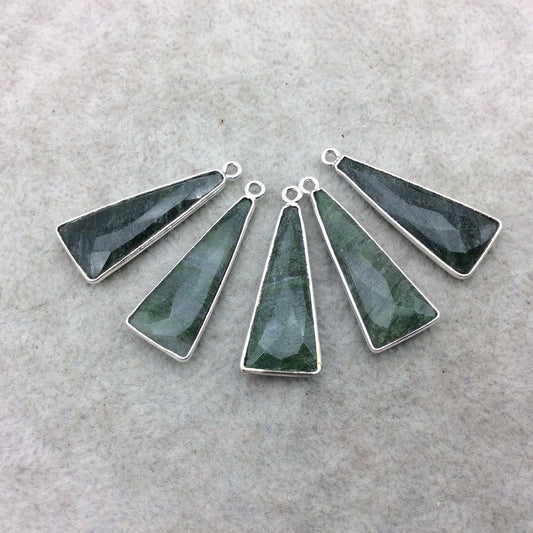 Silver Finish Faceted Green Aventurine Triangle Shape Bezel - Plated Copper Pendant Component ~ 10mm x 25mm - Sold Individually