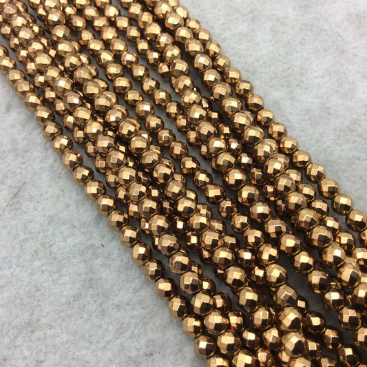 4mm Faceted Natural Metallic Antique Gold Hematite Round/Ball Shape Beads - Sold by 15" Strands (~ 100 Beads) - Semi-Precious Gemstone