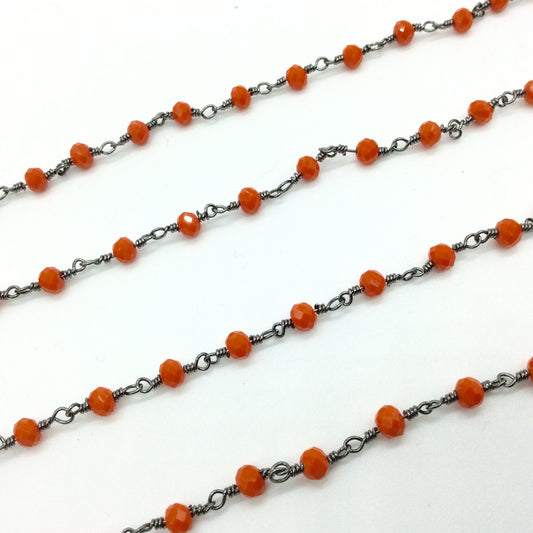 Gunmetal Plated Copper Wrapped Rosary Chain with 4mm Faceted Opaque Persimmon Orange Glass Crystal Rondelle Beads - Sold By the Foot