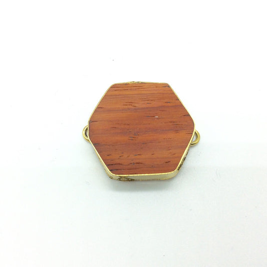 1.25" Natural Red Wood Hexagon Shaped Gold Plated Bezel Connector - Measuring 30mm x 30mm - Sold Individually, Chosen at Random