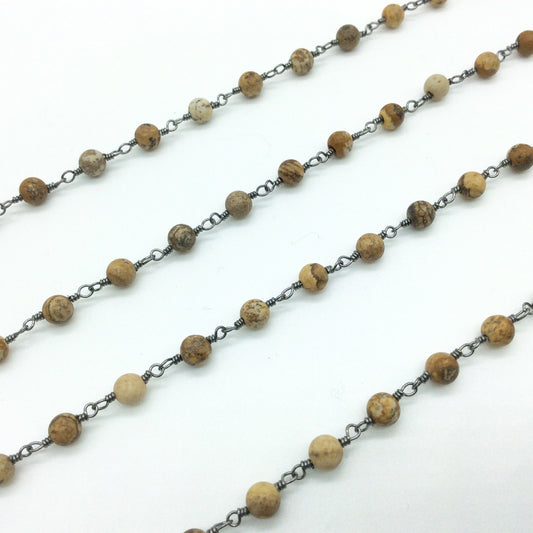 Gunmetal Plated Copper Rosary Chain with Smooth 4mm Round Shape Picture Jasper Beads - Sold by the Foot, or in Bulk! - Natural Beaded Chain