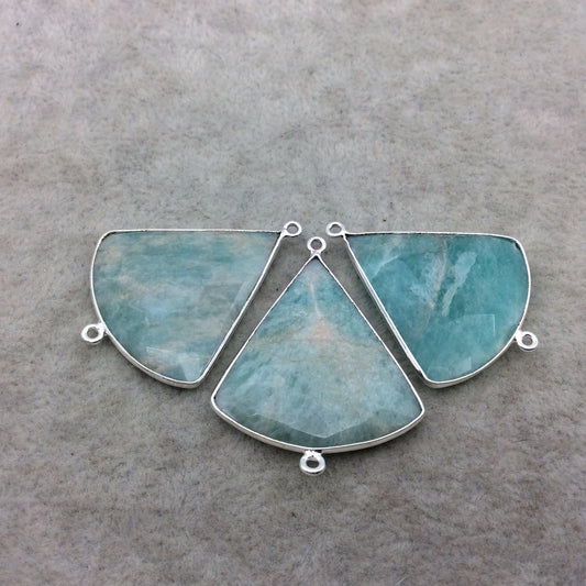 Silver Finish Faceted Green Amazonite Fan Shape Bezel - Plated Copper Connector Component ~ 30mm x 30mm - Sold Individually