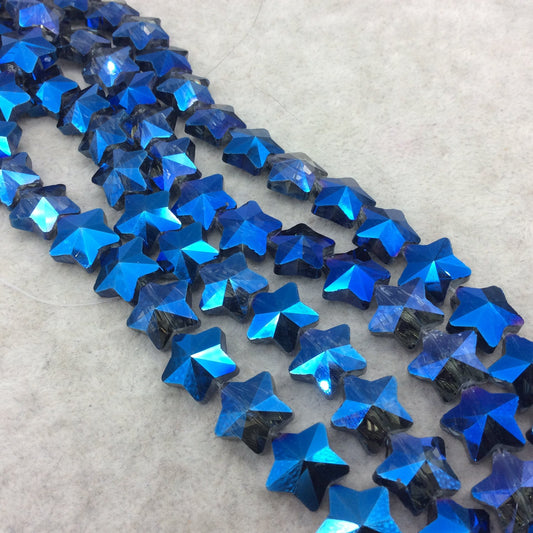 13mm x 13mm Glossy Faceted Transparent/Metallic Blue Crystal Glass Star Shaped Beads - Sold By 12" Strands (~ 26 Beads)