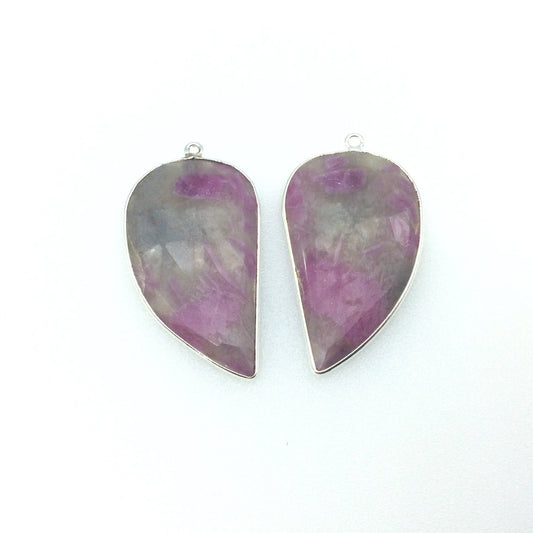 Ruby in Feldspar Bezel | One Pair of OOAK Silver Finish Faceted Freeform Shaped Pendants "SC"- Measuring 22mm x 40mm - Natural Gemstone