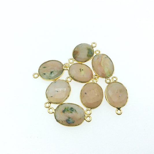 Gold Finish Faceted Pink Opal Oval Shaped Plated Copper Bezel Connector - Measuring 12-16mm Long - Natural Gemstone - Sold Individually