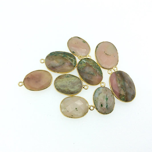 Pink Opal Bezel | Gold Finish Faceted Oval Shaped Plated Copper Pendant - Measuring 17mm x 20mm Long - Natural Gemstone - Sold Individually