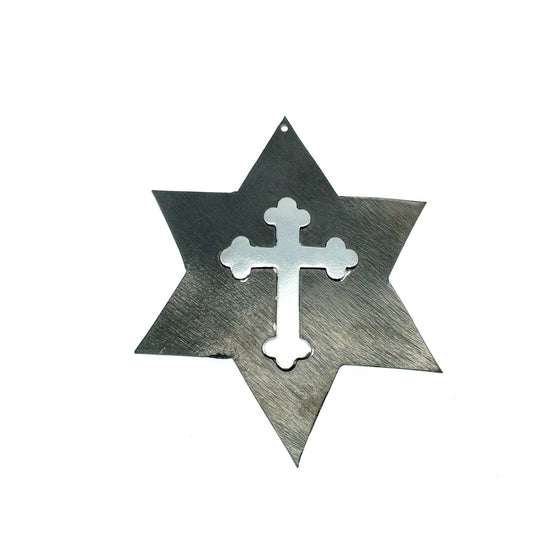 OOAK Rustic Shield Pendant - Gunmetal Plated Star Shape with Silver Plated Cross Embellishment - Measuring 61mm x 86mm