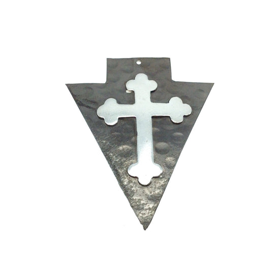 OOAK Rustic Shield Pendant - Gunmetal Plated Hammered Arrow Shape with Silver Plated Cross Embellishment - Measuring 53mm x 63mm