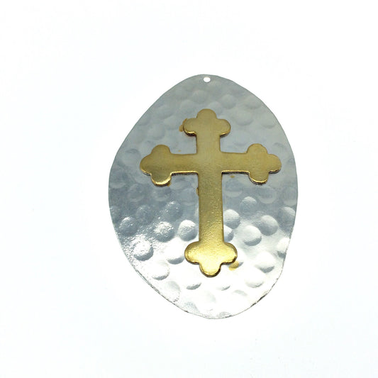 OOAK Rustic Shield Pendant - Silver Plated Hammered Freeform Oval Shape with Gold Plated Cross Embellishment - Measuring 42mm x 62mm