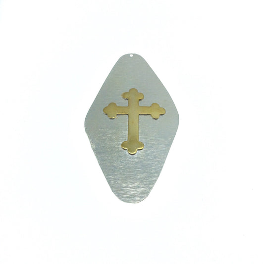 OOAK Rustic Shield Pendant - Silver Plated Rounded Abstract Diamond Shape with Gold Plated Cross Embellishment - Measuring 48mm x 95mm