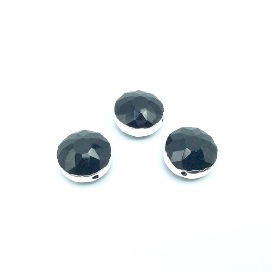 Silver Electroplated Faceted Opaque Jet Black Crystal Round/Coin Shaped Bead - 14mm - Sold Individually, At Random - High Quality Crystal