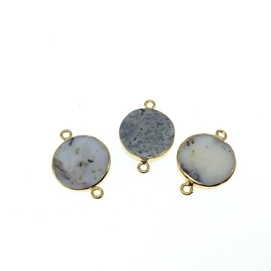 Medium Sized Gold Plated Natural Flat Dendritic Opal Round Shaped Connector - 16mm - 20mm Approx. - Sold Per Each, Selected at Random