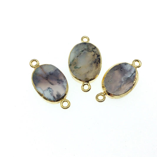 Medium Sized Gold Plated Natural Flat Dendritic Opal Oval Shaped Connector - 16mm - 20mm Long Approx. - Sold Per Each, Selected at Random