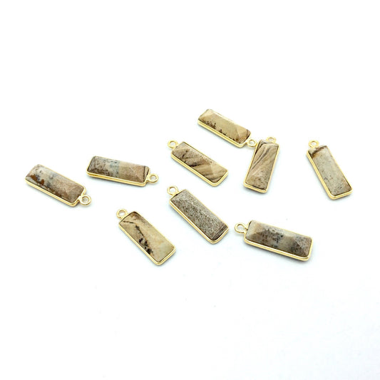 Gold Vermeil Faceted Cut Stone Rectangle Shaped Picture Jasper Bezel Pendant - Measuring 5mm x 15mm - Sold Per Piece