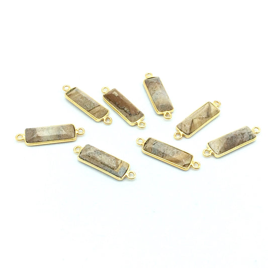 Gold Vermeil | Silver Faceted Cut Stone Rectangle Shaped Picture Jasper Bezel Pendant | Connector- Measuring 5mm x 15mm - Sold Per Piece