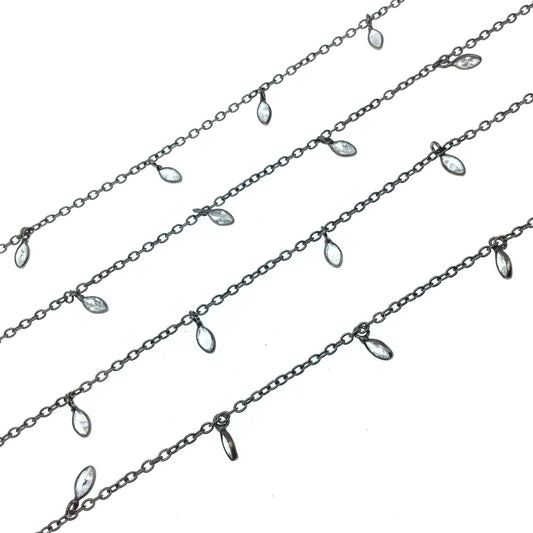 Gunmetal Plated Copper Bezel Dangle Rosary Chain with 2mm x 5mm Cut Stone Flat Back Clear Hydro Quartz Teardrop Bezels - Sold by the Foot