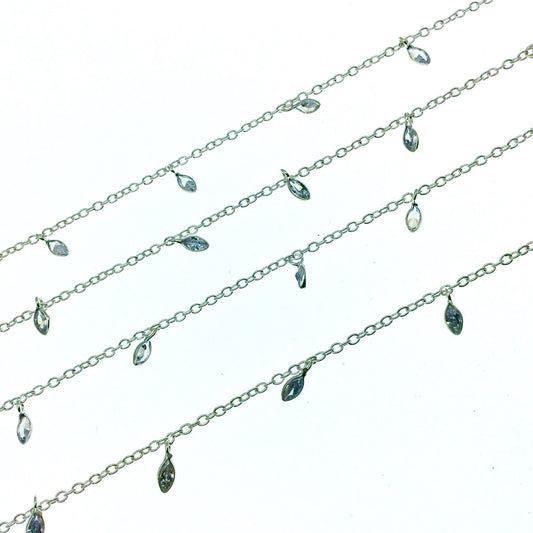 Silver Plated Copper Bezel Dangle Rosary Chain with 2mm x 5mm Cut Stone Flat Back Clear Hydro Quartz Teardrop Bezels - Sold by the Foot