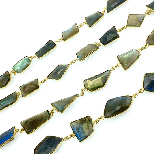 Gold Plated Copper Bezel Link Rosary Chain with Freeform Faceted Labradorite Bezels, measuring approx. 30mm long- Sold by 1' Cut Sections