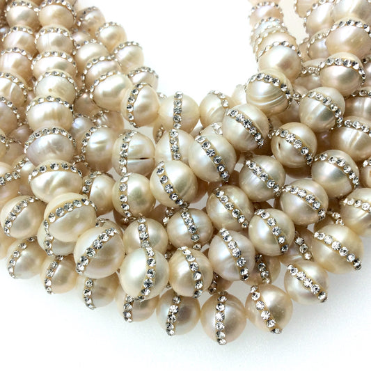 10mm Rhinestone Hemisphere Blush Pink Pearl Round/Ball Shaped Beads - Sold in Packs of Six (6) - Natural Semi-Precious Loose Gemstone