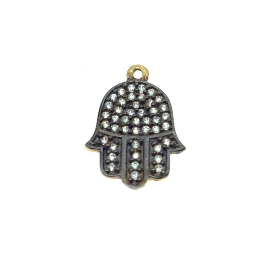 Tiny Oxidized Gold Finish Hamsa Shaped CZ Cubic Zirconia Inlaid Plated Copper Pendant Component - Measuring 8mm x 14mm - Sold Individually