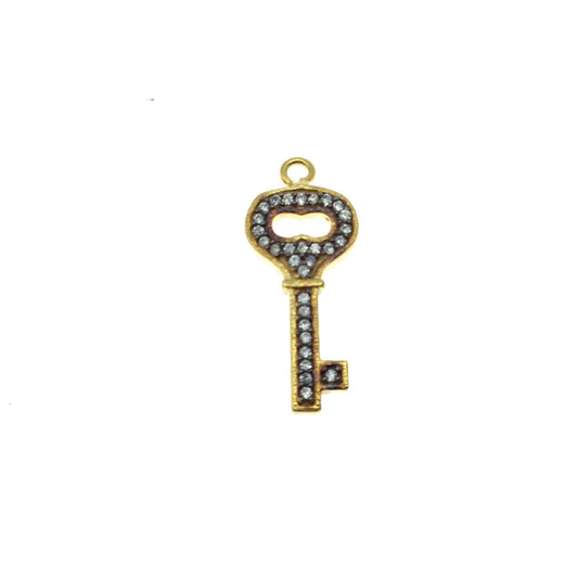 Small Gold Finish Key Shaped CZ Cubic Zirconia Inlaid Plated Copper Pendant Component - Measuring 10mm x 20mm - Sold Individually