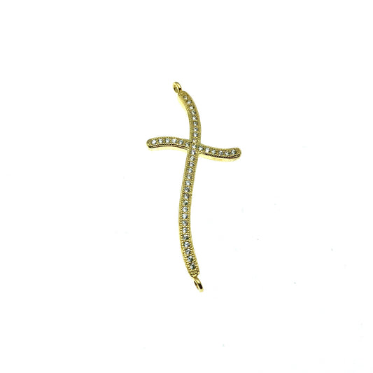 Gold Finish Wavy Cross Shaped CZ Cubic Zirconia Inlaid Plated Copper Connector Component - Measuring 19mm x 39mm - Sold Individually