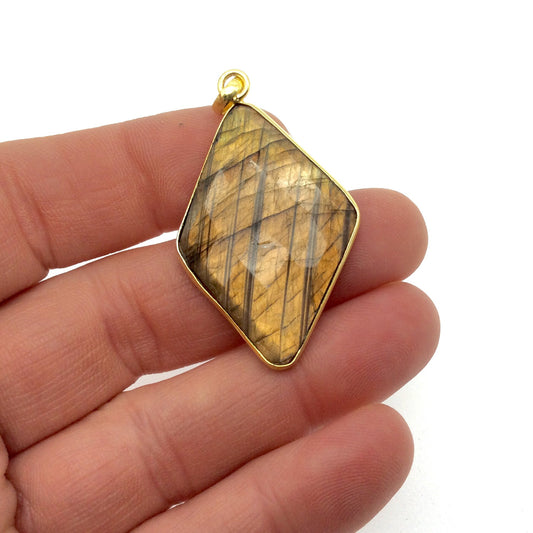 OOAK Gold Plated Faceted Flat Back Labradorite Diamond Bezel Pendant "LD20"- Measures 25mm x 37mm Approx. - Natural Gemstone