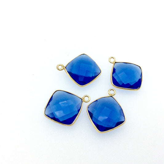 Gold Plated Faceted Hydro (Lab Created) Transparent Cobalt Diamond Shaped Bezel Pendant - Measuring 19mm x 19mm - Sold Individually