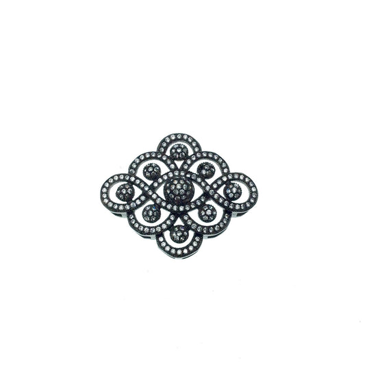 Gunmetal Plated White CZ Cubic Zirconia Inlaid Flat Fancy/Ornate Open Ribbon/Dot Shaped Copper Slider - Measuring 26mm x 30mm