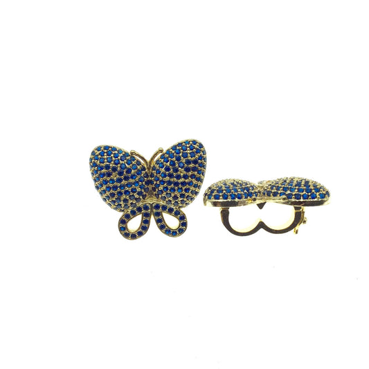 Gold Plated CZ Cubic Zirconia Inlaid Blue Butterfly Bolo Slide Copper - Measures 23mm x 28mm, Approx. - Sold Individually, RANDOM