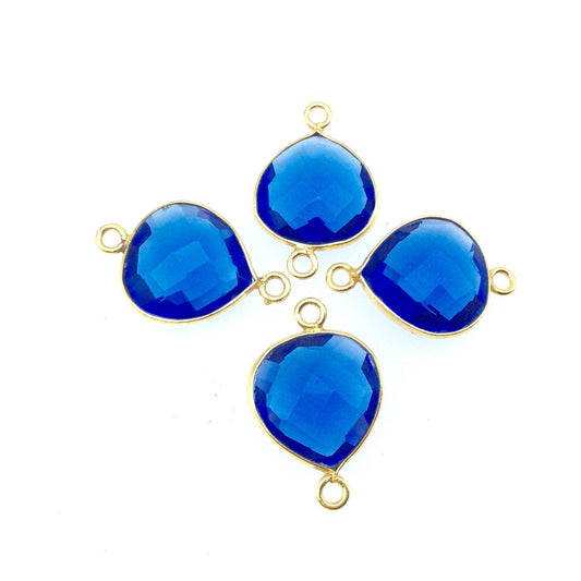 Gold Plated Faceted Hydro (Lab Created) Transparent Cobalt Heart/Teardrop Shaped Bezel Connector - Measuring 16mm x 16mm - Sold Individually