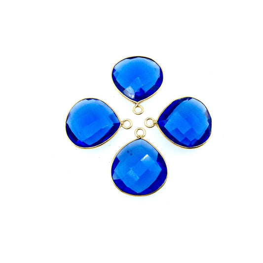 Gold Plated Faceted Hydro (Lab Created) Transparent Cobalt Heart/Teardrop Shaped Bezel Pendant - Measuring 19mm x 19mm - Sold Individually