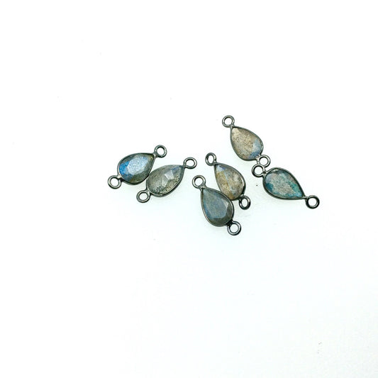 BULK LOT-Pack of Six (6) Gunmetal Sterling Silver Pointed/Cut Stone Faceted Teardrop Shaped Labradorite Bezel Connectors Measuring 5mm x 8mm