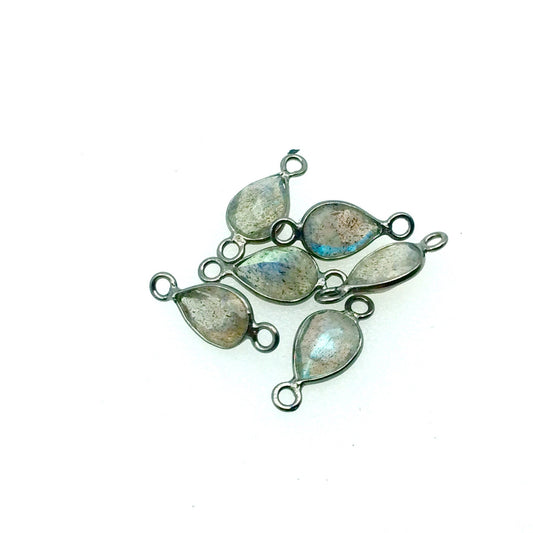 BULK LOT-Pack of Six (6) Gunmetal Sterling Silver Pointed/Cut Stone Faceted Teardrop Shaped Labradorite Bezel Connectors Measuring 5mm x 7mm