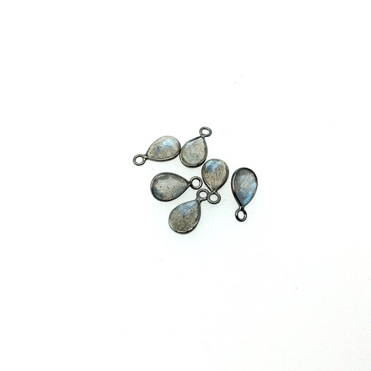 BULK LOT - Pack of Six (6) Gunmetal Sterling Silver Pointed/Cut Stone Faceted Teardrop Shaped Labradorite Bezel Pendants-Measuring 5mm x 7mm