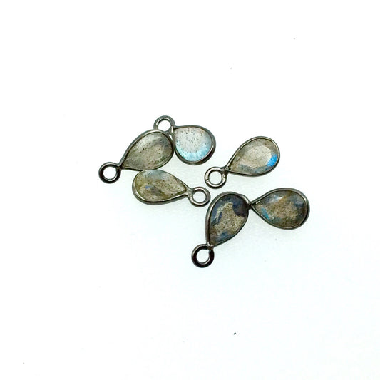 BULK LOT - Pack of Six (6) Gunmetal Sterling Silver Pointed/Cut Stone Faceted Teardrop Shaped Labradorite Bezel Pendants-Measuring 4mm x 6mm