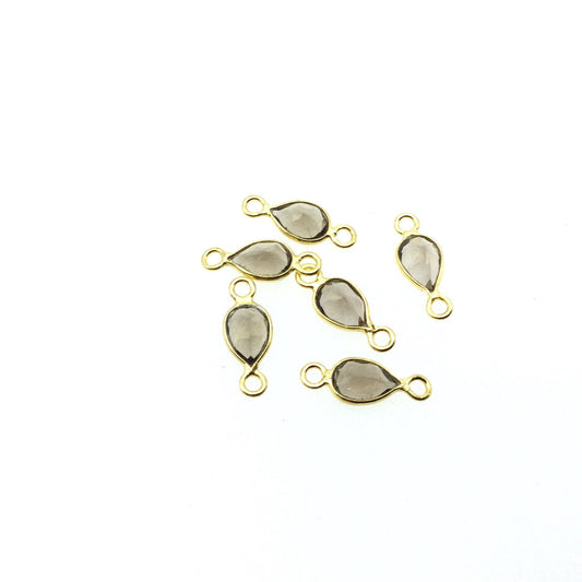 BULK LOT - Pack of Six (6) Gold Vermeil Pointed/Cut Stone Faceted Teardrop Shaped Clear Smoky Quartz Bezel Connectors Measures 4mm x 6mm