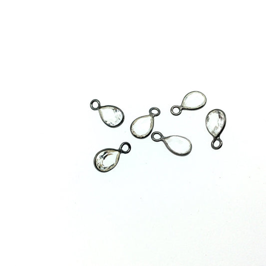 BULK LOT - Pack of Six (6) Gunmetal Vermeil Pointed/Cut Stone Faceted Teardrop Shaped Natural Clear Quartz Bezel Pendants-Measures 4mm x 6mm