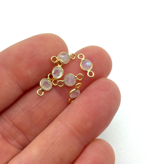 BULK PACK of Six (6) Gold Sterling Silver Pointed/Cut Stone Faceted Round/Coin Shaped Moonstone Bezel Connectors - Measuring 4mm x 4mm