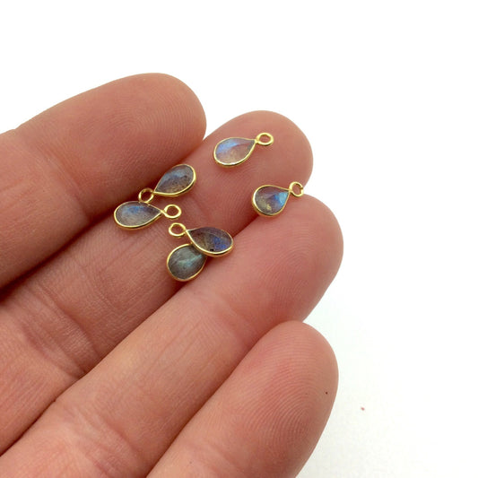 BULK LOT - Pack of Six (6) Gold Sterling Silver Pointed/Cut Stone Faceted Teardrop Shaped Labradorite Bezel Pendants-Measuring 4mm x 6mm