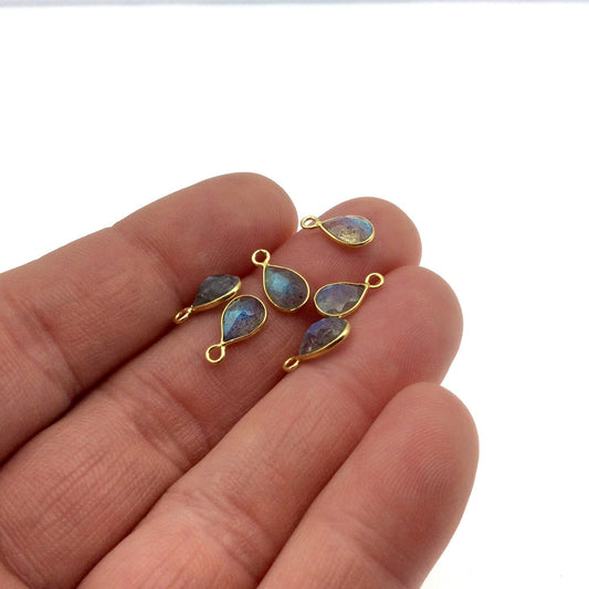 BULK LOT - Pack of Six (6) Gold Sterling Silver Pointed/Cut Stone Faceted Teardrop Shaped Labradorite Bezel Pendants-Measuring 5mm x 7mm