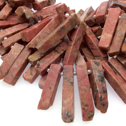 Rhodocrosite Stick/Slab Beads - 16.5" Strand (Approximately 46 Beads) - Measuring 8-10mm x 15-35mm - Natural Semi-Precious Gemstone