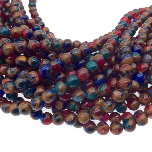 6mm Natural Gold/Blue/Green/Red Mosaic Agate Smooth Round/Ball Shaped Beads W 1mm Holes - 15.5" Strand (Approx. 66 Beads) - Quality Gemstone