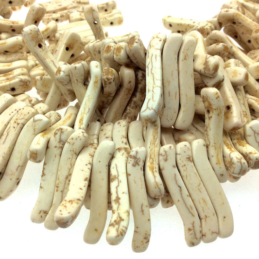 Off White/Beige Howlite Double-Drilled Wavy Stick Beads - 16.5" Strand (~ 81 Beads) - Measuring 5mm x 32mm - Natural Semi-Precious Gemstone