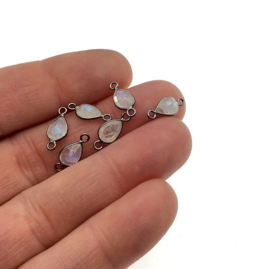 BULK PACK of Six (6) Gunmetal Sterling Silver Pointed/Cut Stone Faceted Teardrop/Pear Shaped Moonstone Bezel Connectors-Measuring 5mm x 7mm
