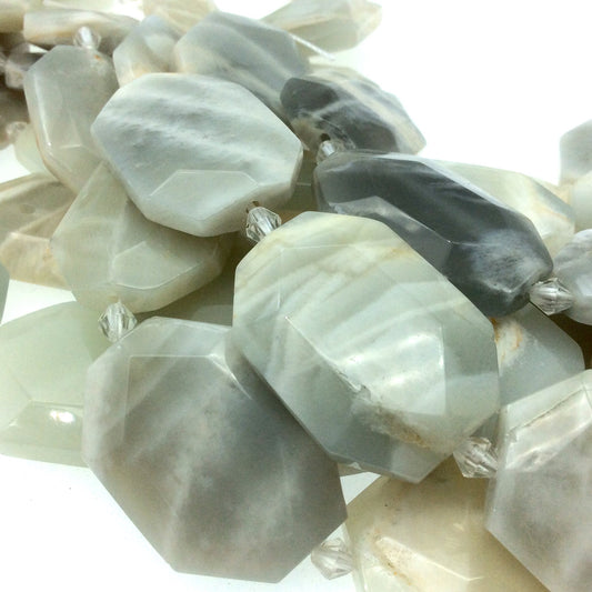 23-28mm x 34-37mm Faceted Gray Moonstone Flat Oval/Octagon Beads - 15" Strand (Approximately 10 Beads) - Natural Semi-Precious Gemstone