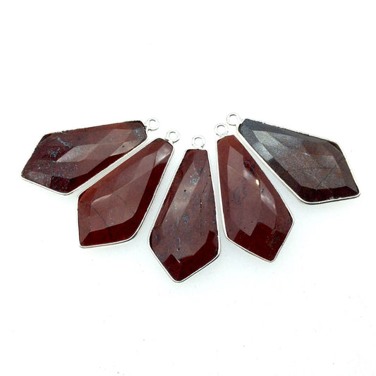 Silver Plated Natural Red Jasper Faceted Dagger Shaped Copper Bezel Pendant - Measures 15mm x 30mm - Sold Individually, Random