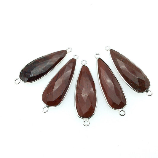 Silver Finish Faceted Red Jasper Long Teardrop Shaped Bezel Connector Component - Measuring 12mm x 30mm - Natural Semi-precious Gemstone