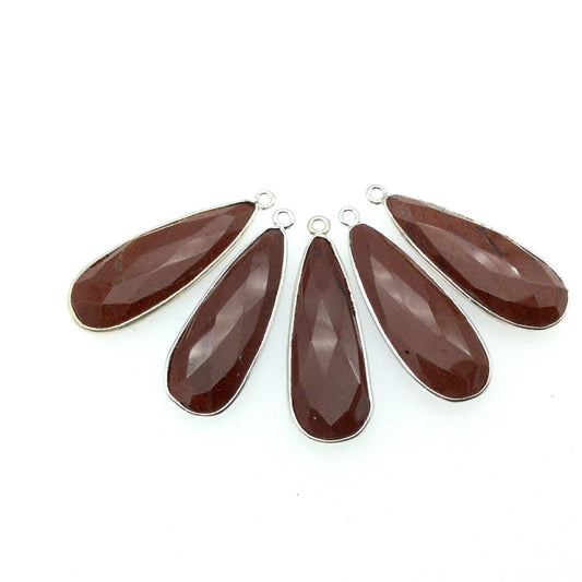 Silver Finish Faceted Red Jasper Long Teardrop Shaped Bezel Pendant Component - Measuring 12mm x 30mm - Natural Semi-precious Gemstone